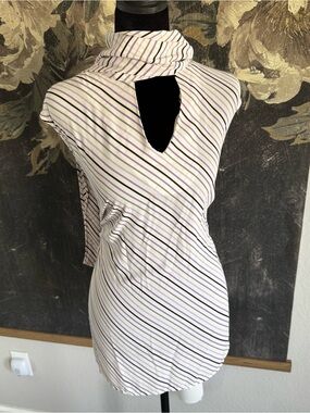 Bar III White Sleeveless Asymmetrical Top with Black & Lavender Stripes